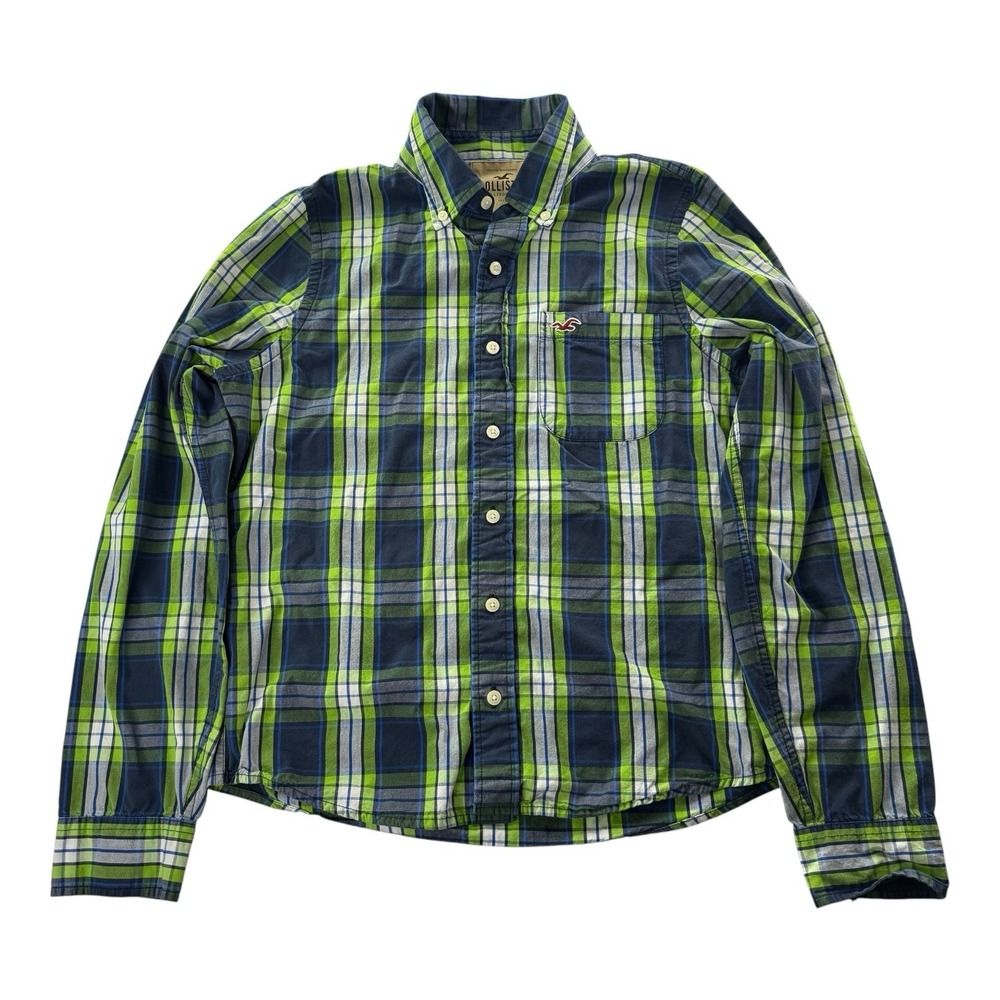 Hollister Plaid Button Down Shirt Men's Large Blue Green Long Sleeve Cotton